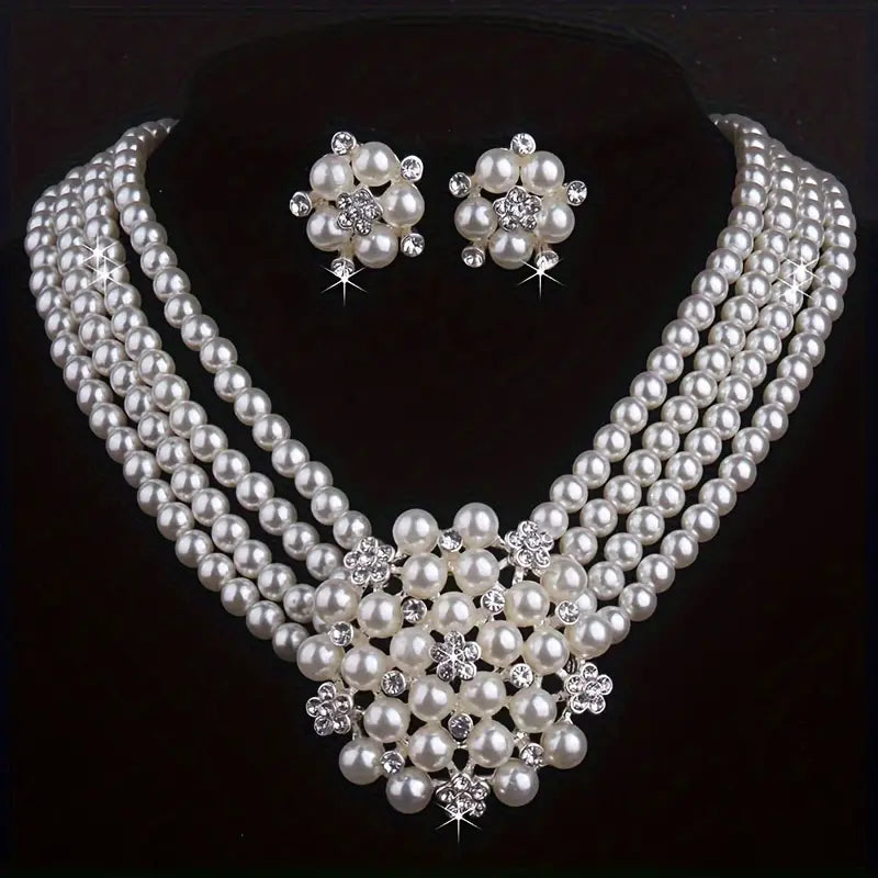DingJi High end and atmospheric flower necklace with a pair of earrings set in milky white, 4-row bead necklace, wedding banquet, evening party, engagement set chain