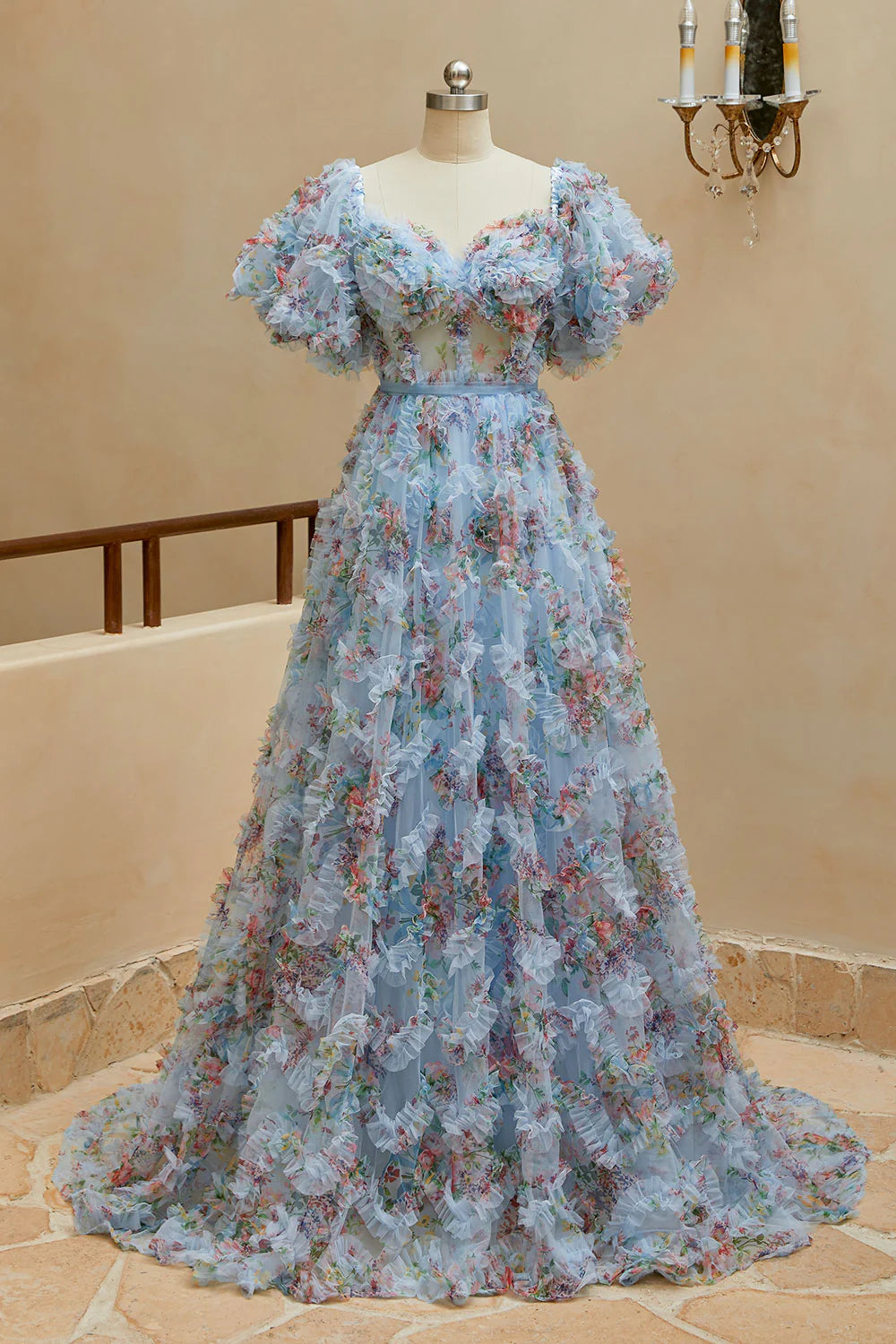 DingJiDress A Line Sweetheart Ruffles Sweep Train Floral Printed Chiffon Prom Dresses