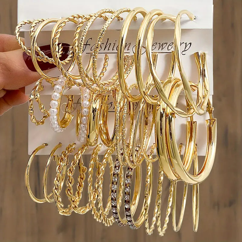 DingJi 18 Pairs Golden Metal, Faux Pearl & Crystal Embellished Large Hoop Earrings Set, Classic Style, Fashion Statement Jewelry For Women