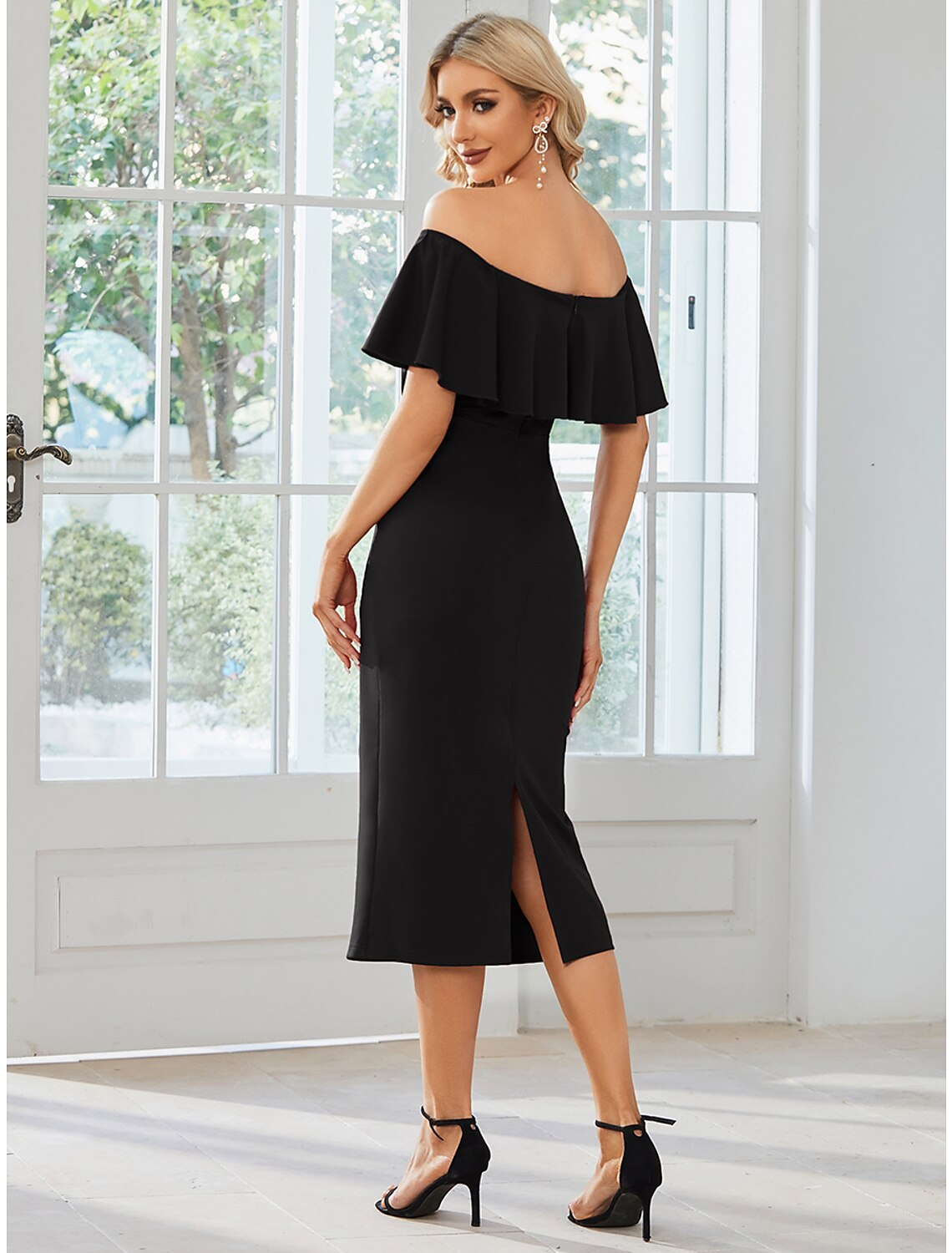 Wedding Guest Dresses Dress Party Wear Tea Length Short Sleeve Off Shoulder Stretch Fabric with Slit