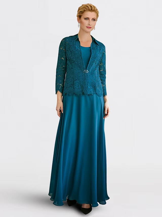 A-Line Mother of the Bride Dress Plus Size Elegant Jewel Neck Floor Length Chiffon Lace Sleeveless