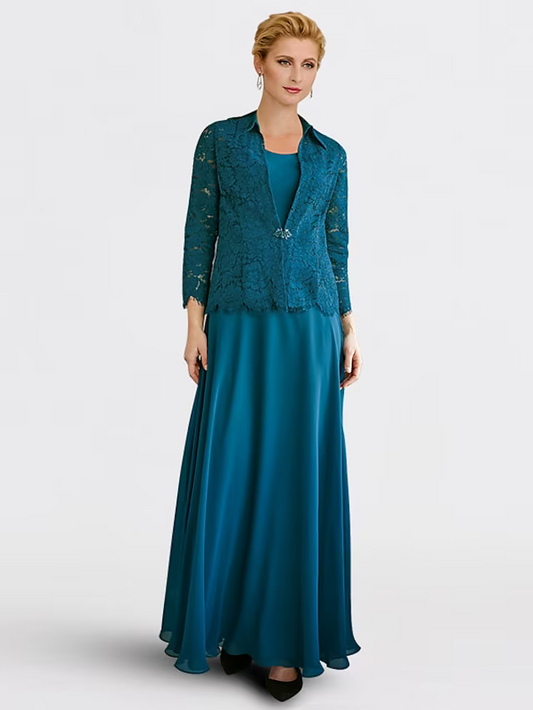 A-Line Mother of the Bride Dress Plus Size Elegant Jewel Neck Floor Length Chiffon Lace Sleeveless