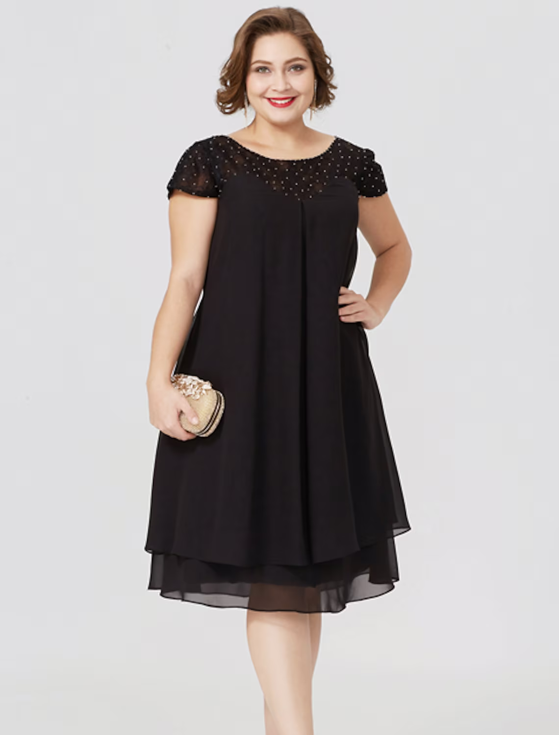 Mother of the Bride Dress Formal Little Black Dress Plus Size Knee Length Chiffon Lace Short Sleeve No with Pleats Beading Lace