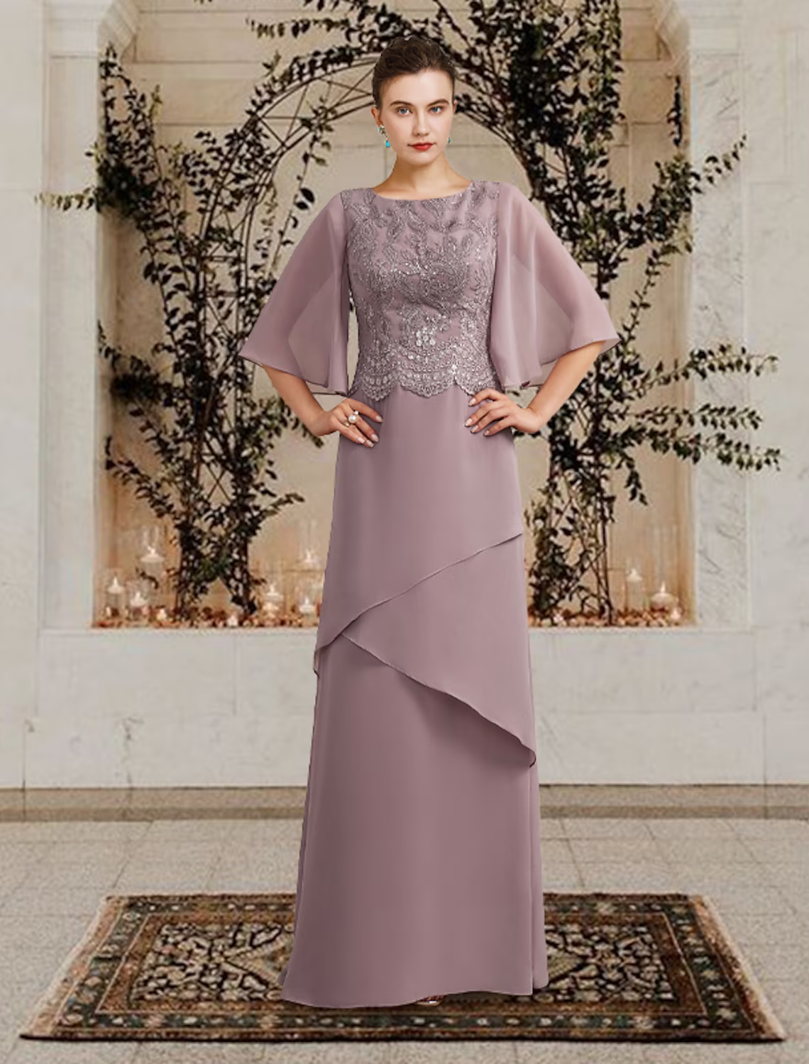 Mother of the Bride Dress Plus Size Elegant Jewel Neck Floor Length Chiffon Lace Short Sleeve with Ruffles Appliques