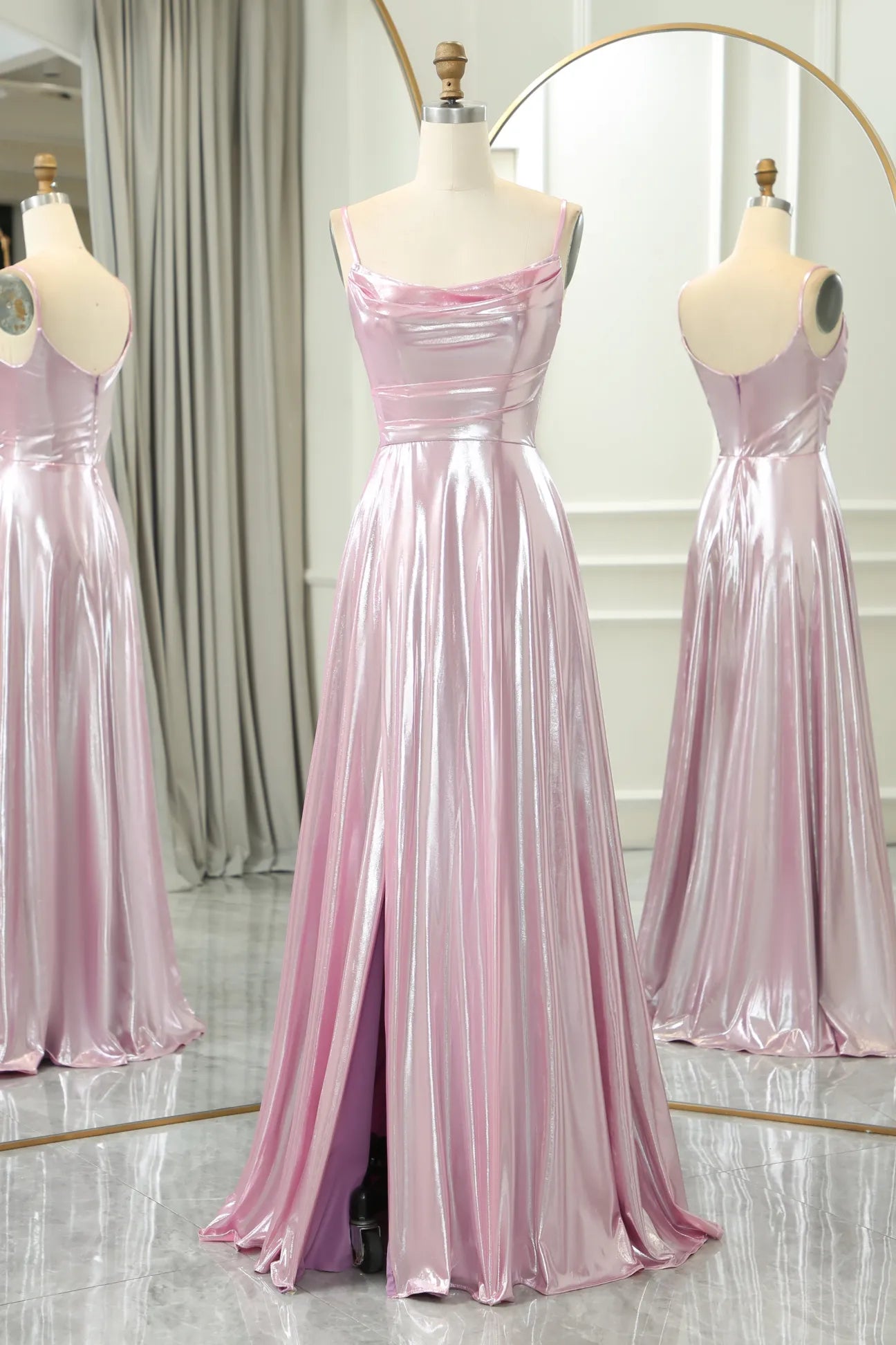 DingJiDress Sparkly Pink A-Line Spaghetti Straps Long Prom Dress With Slit