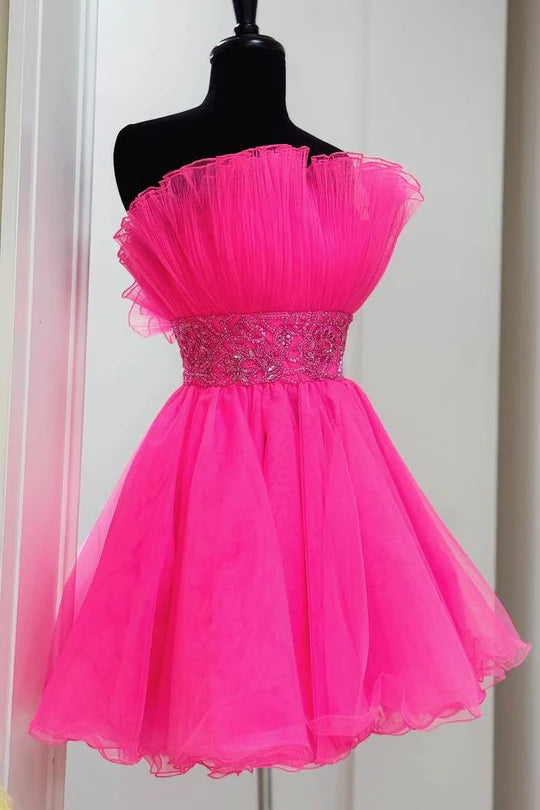 DingJiDress Hot Pink Strapless A-line Evening Dress Tulle Homecoming Dress