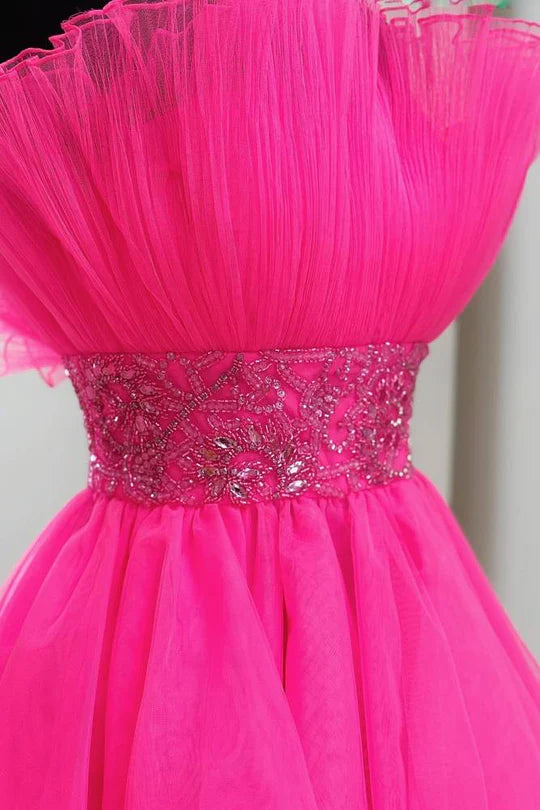 DingJiDress Hot Pink Strapless A-line Evening Dress Tulle Homecoming Dress