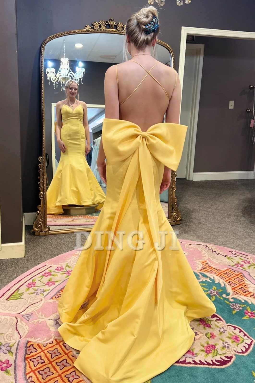 DingJiDress Evening Dress V-Neck Spaghetti Strap Bow-Back Trumpet Long Gown Backless Exquisite Formal Women's Dresses Wedding Guest Dresses