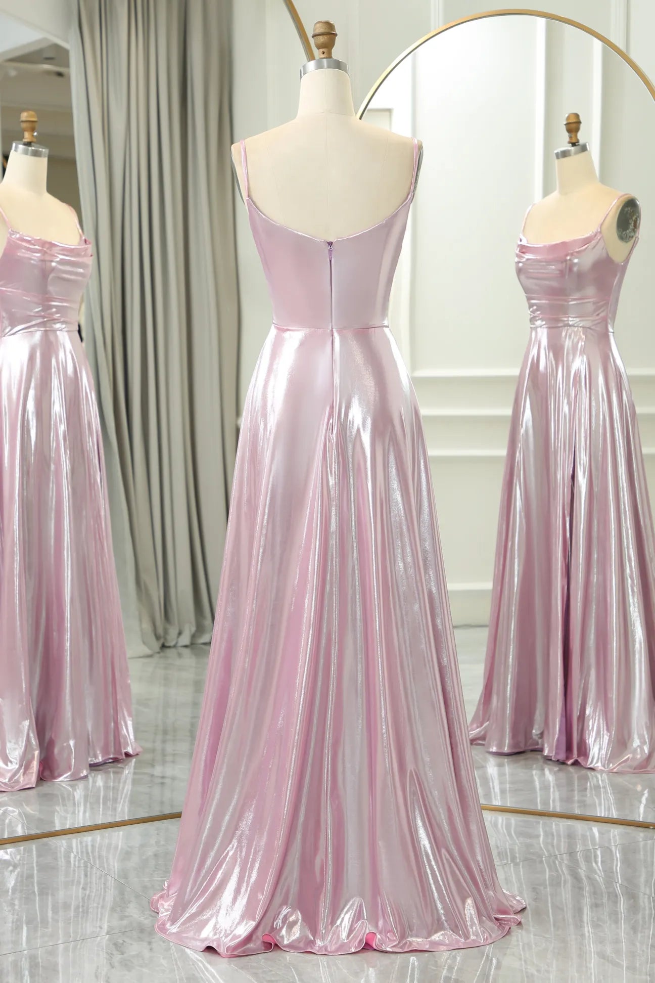 DingJiDress Sparkly Pink A-Line Spaghetti Straps Long Prom Dress With Slit