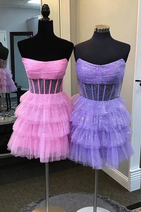 DingJiDress Homecoming Dress Pink Strapless A-Line Tulle Ruffle Graduation Dresses