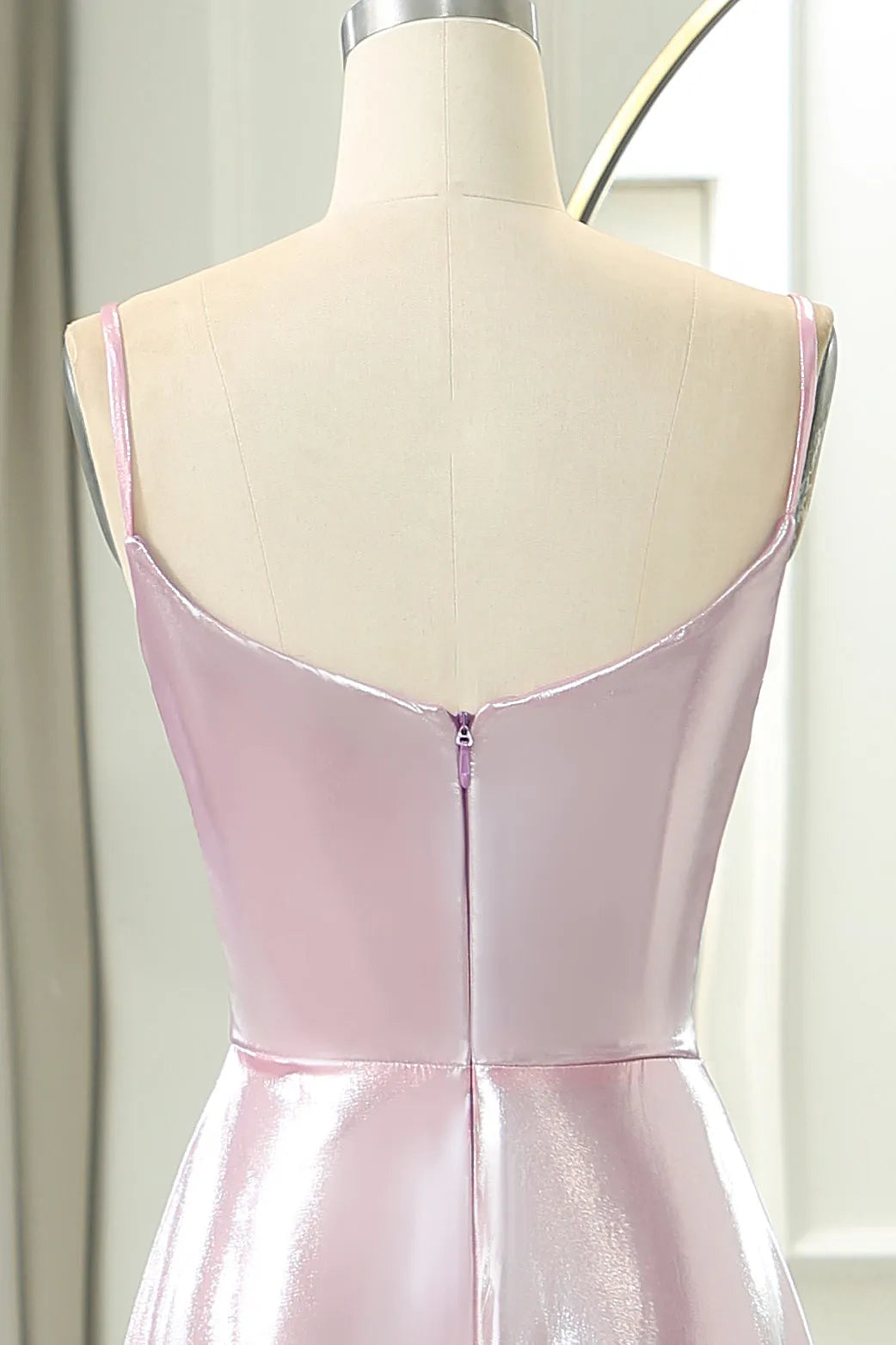 DingJiDress Sparkly Pink A-Line Spaghetti Straps Long Prom Dress With Slit