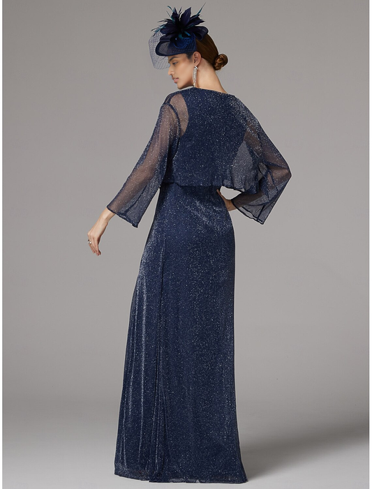 DingJiDress November December Autumn Winter Wedding Guest Dress Two Piece Sheath / Column Dress Suit Elegant Sparkle & Shine Jewel Neck Floor Length Chiffon Long Sleeve with Buttons Mother of the Groom / Bride Dresses