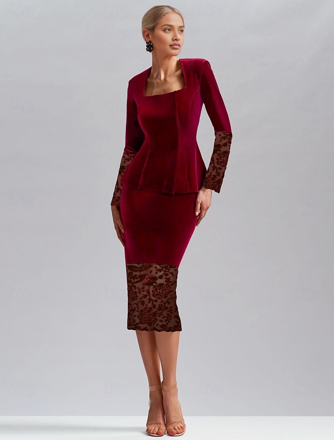 DingJiDress November December Autumn Winter Wedding Guest Dress Sheath / Column Dress Suit Elegant Square Neck Tea Length Velvet Long Sleeve with Solid Color Mother of the Groom / Bride Dresses