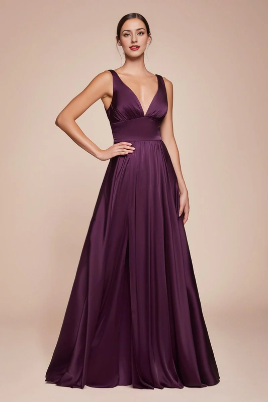 DingJiDress November December Wedding Guest Dress Satin A-Line Deep V-Neck Open Front Leg Slit Backless Formal Party Dress