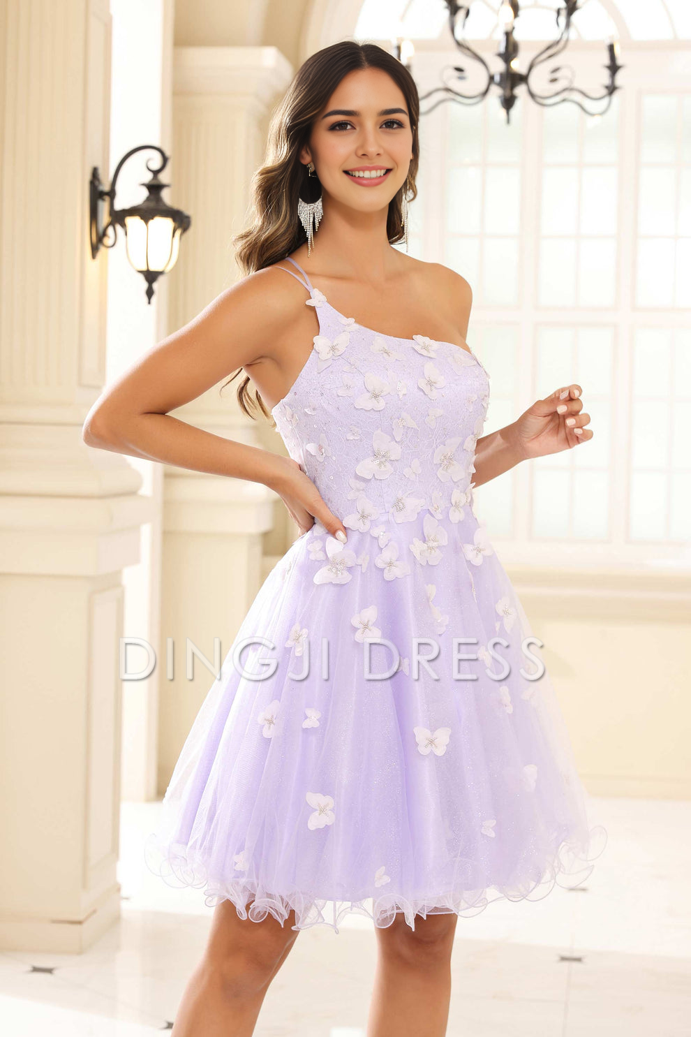 DingJiDress Hot Sale Homecoming Dress Unique A-Line One-Shoulder Spaghetti Straps 3D Butterfly Decal Ruffles Fashion Mini Dress