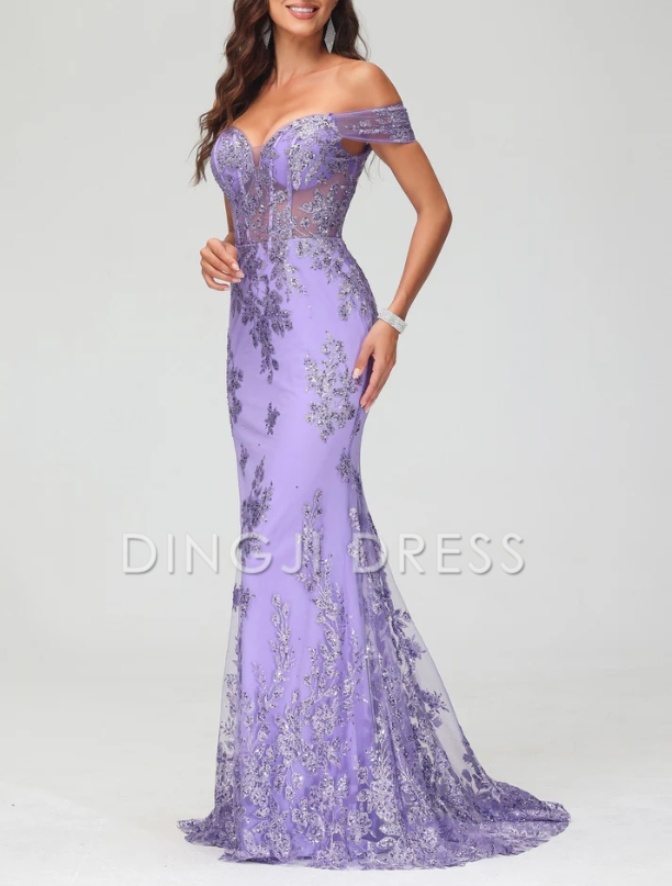 DingJiDress Evening Dress Luxurious Mermaid Off Shoulder Lace Applique Sweep Train Exquisite Formal Dress