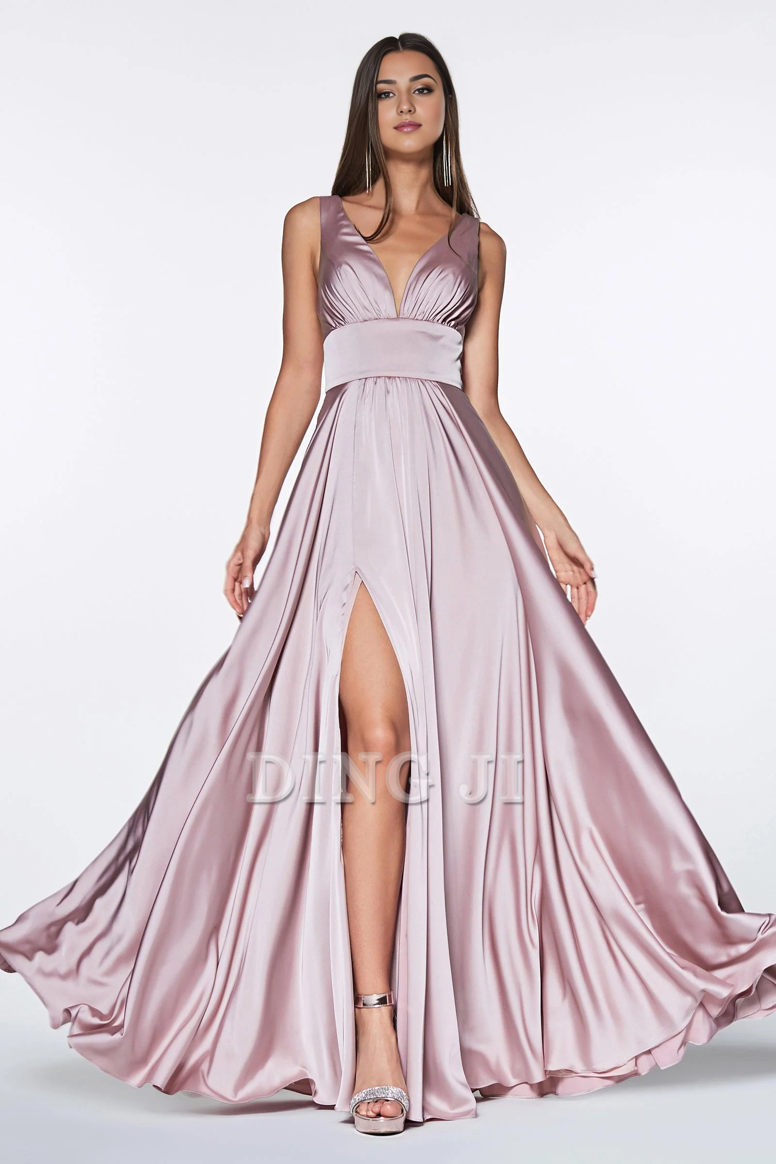 DingJiDress Bridesmaid Dresses Elegant Satin Pleated A-Line Sleeveless Deep V-Neckline Open Back Side Fork Charming Dress Wedding Guests Dresses