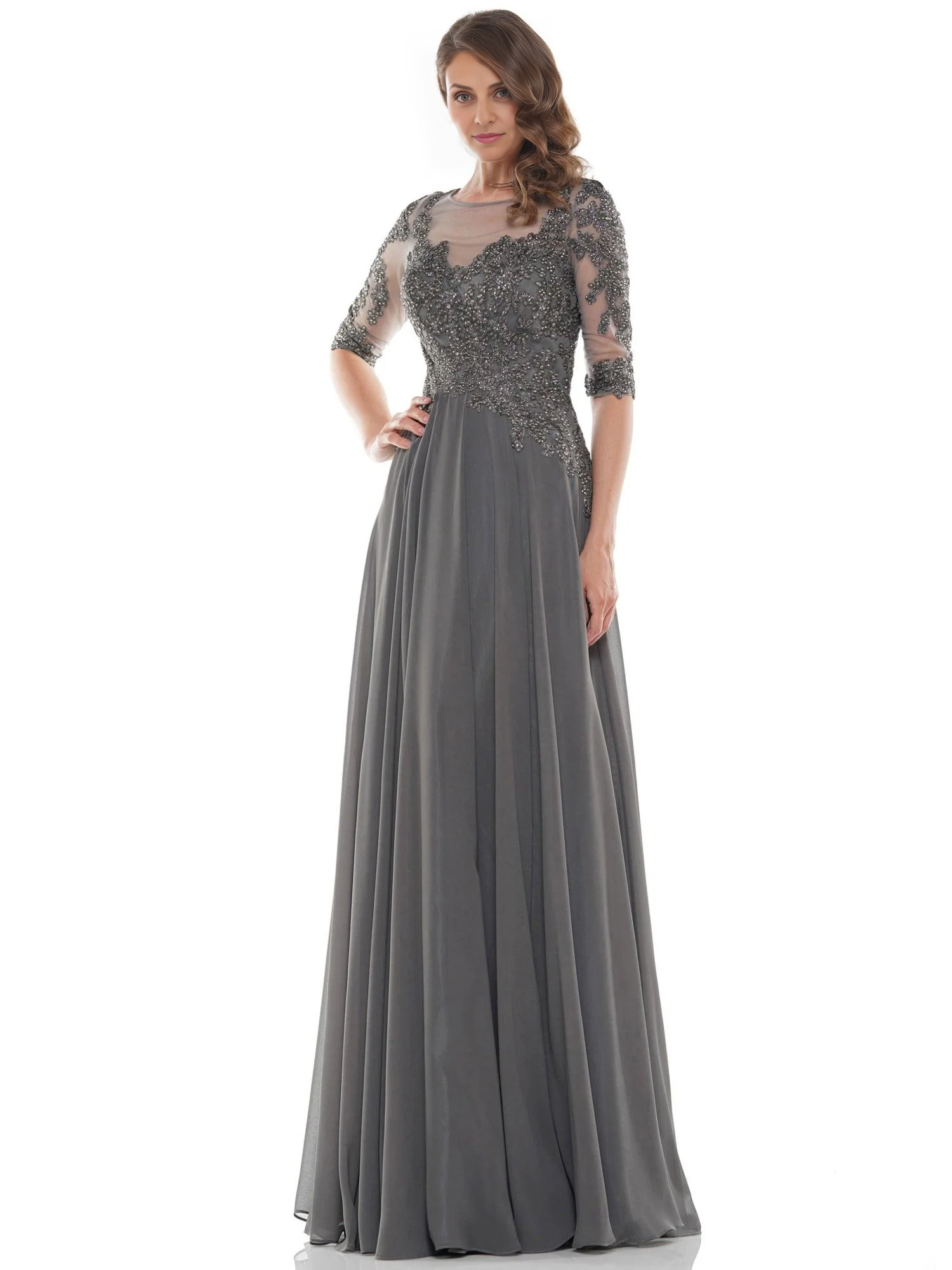 DingJiDress Evening Dress Elegant A Line Round Neck 3/4 sleeve Lace Applique Retro Long Mother Of The Bride Dress