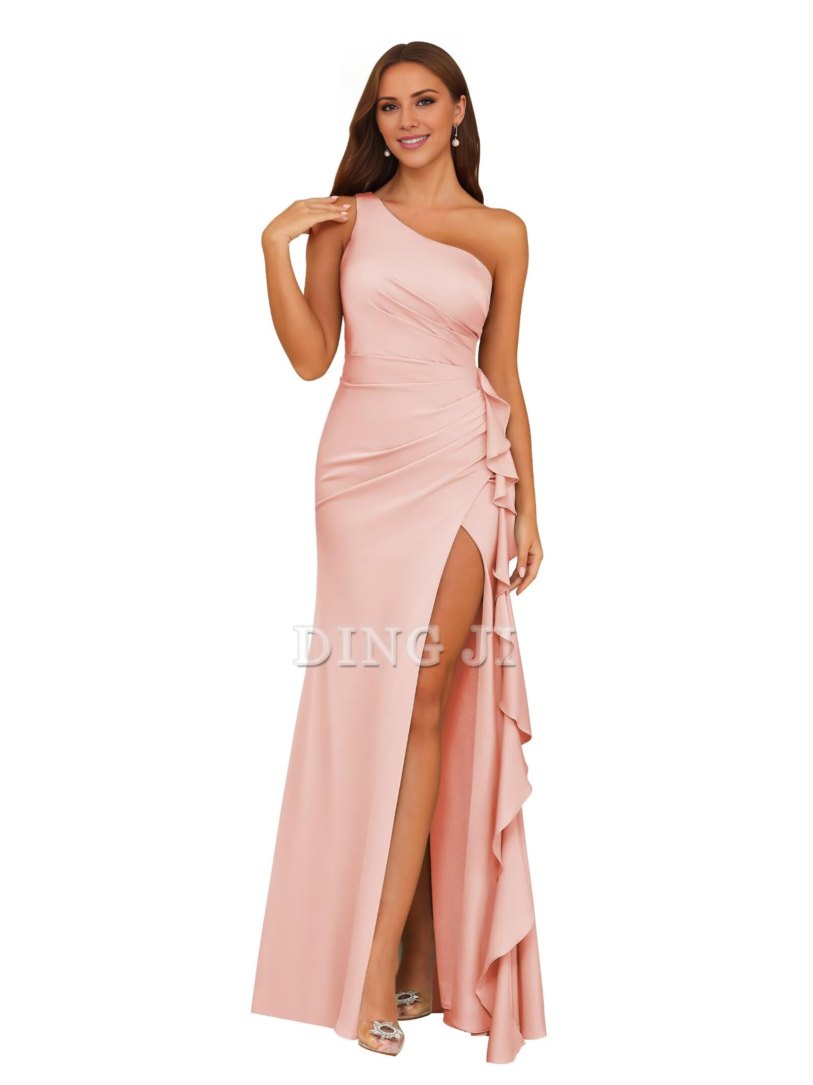 DingJiDress Bridesmaid Dresses One Shoulder Ruffle Pleated Side Fork Elegant Fashion Formal Wear Dresses