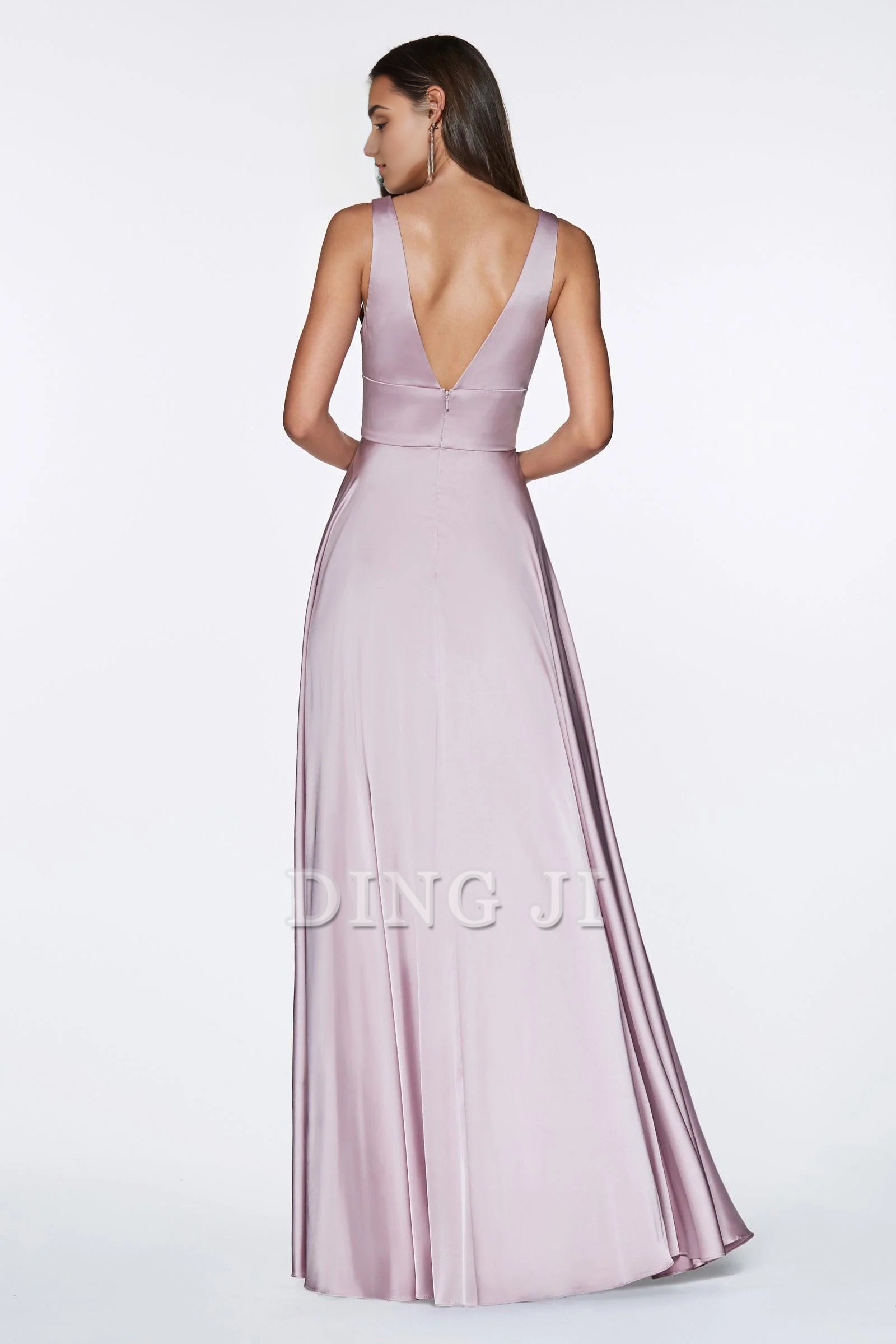 DingJiDress Bridesmaid Dresses Elegant Satin Pleated A-Line Sleeveless Deep V-Neckline Open Back Side Fork Charming Dress Wedding Guests Dresses