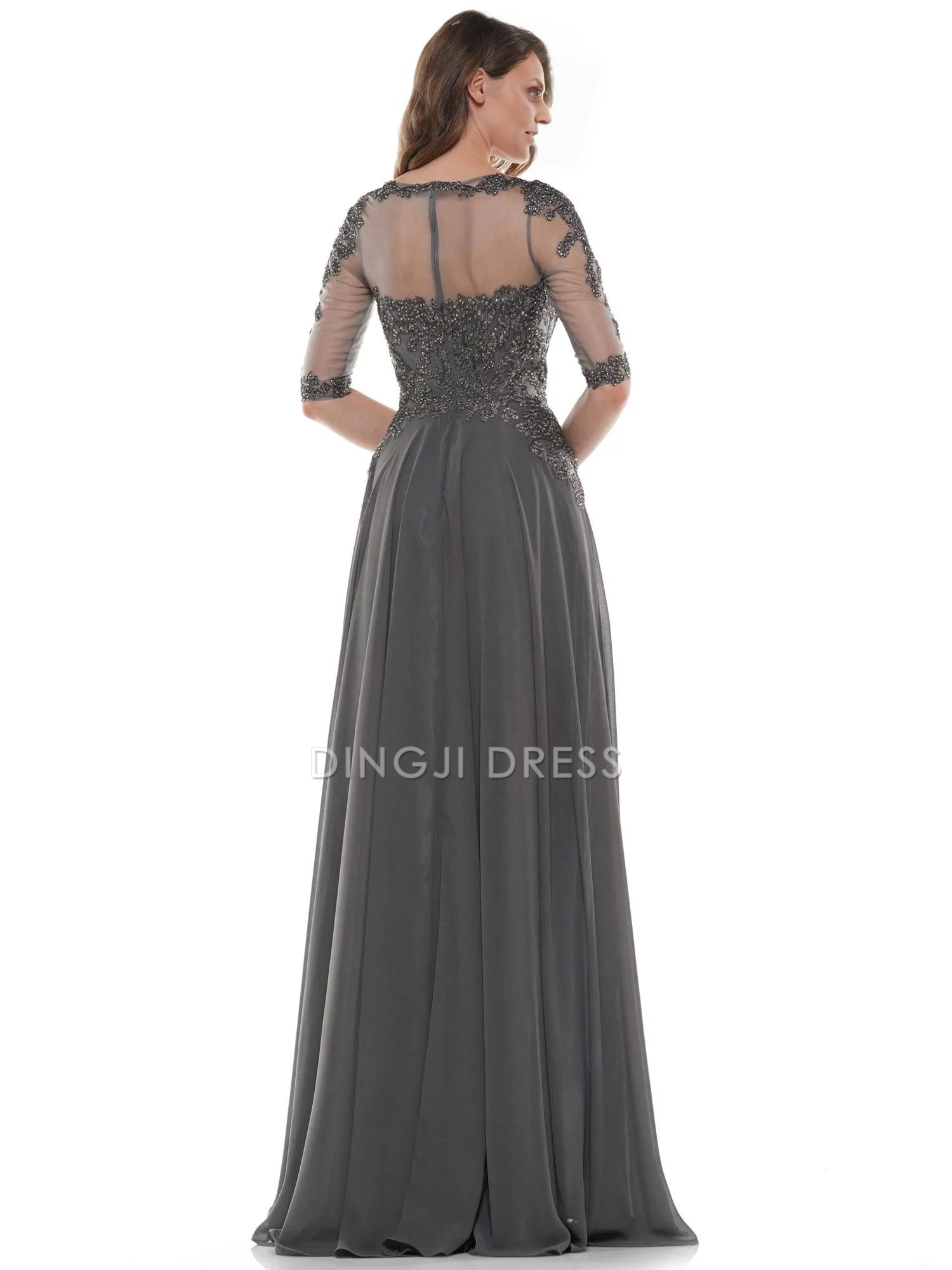 DingJiDress Evening Dress Elegant A Line Round Neck 3/4 sleeve Lace Applique Retro Long Mother Of The Bride Dress