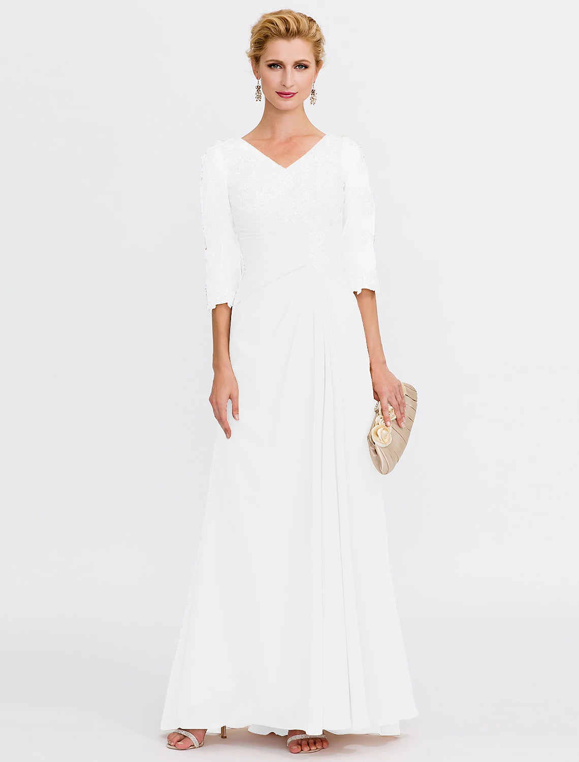 A-Line Mother of the Bride Dress Plus Size Elegant Through V Neck Floor Length Chiffon Half Sleeve with Appliques Side Draping