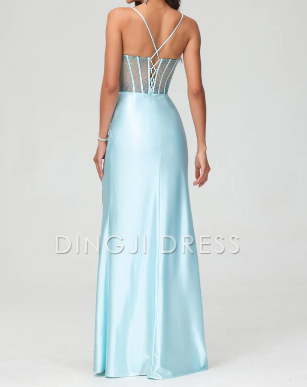 DingJiDress Evening Dress Fashion Sheath Spaghetti Straps See-through Pleated With High Slit Charming Formal Dress