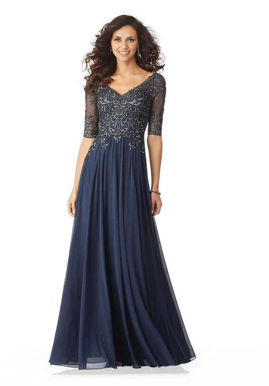 DingJiDress Evening Dress Elegant A Line V Neck Sheer Half Sleeves Retro Long Mother Of The Bride Dress