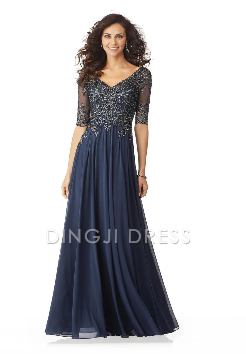 DingJiDress Evening Dress Elegant A Line V Neck Sheer Half Sleeves Retro Long Mother Of The Bride Dress