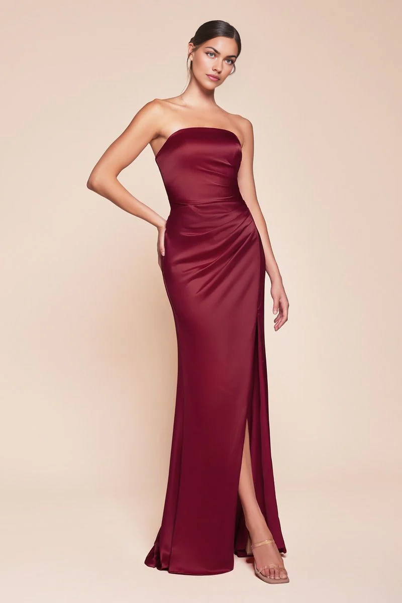 DingJiDress November December Wedding Guest Dress Luxe Satin Gown Strapless Form Fitting Bodice Lace-Up Corset Strapless Straight Neckline Gathered Waistline Leg Slit Dress Has No Stretch Simple Formal Party Dress