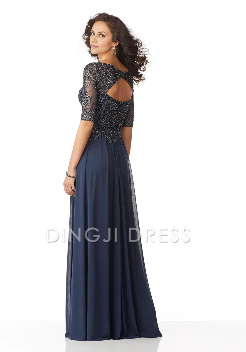 DingJiDress Evening Dress Elegant A Line V Neck Sheer Half Sleeves Retro Long Mother Of The Bride Dress