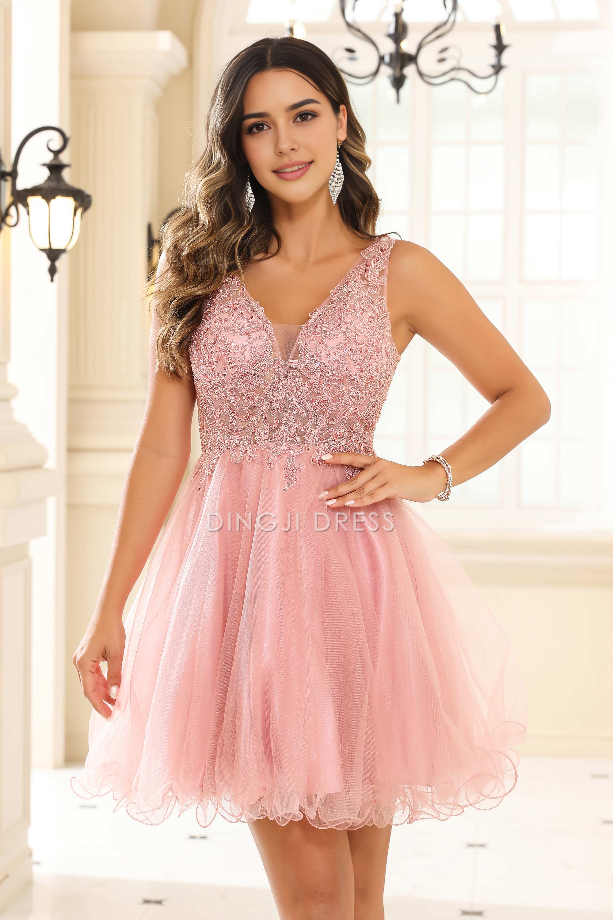 DingJiDress Hot Sale Homecoming Dress Exquisite A-Line V-Neck Sleeveless Ruched Tulle Sexy Mini Dress