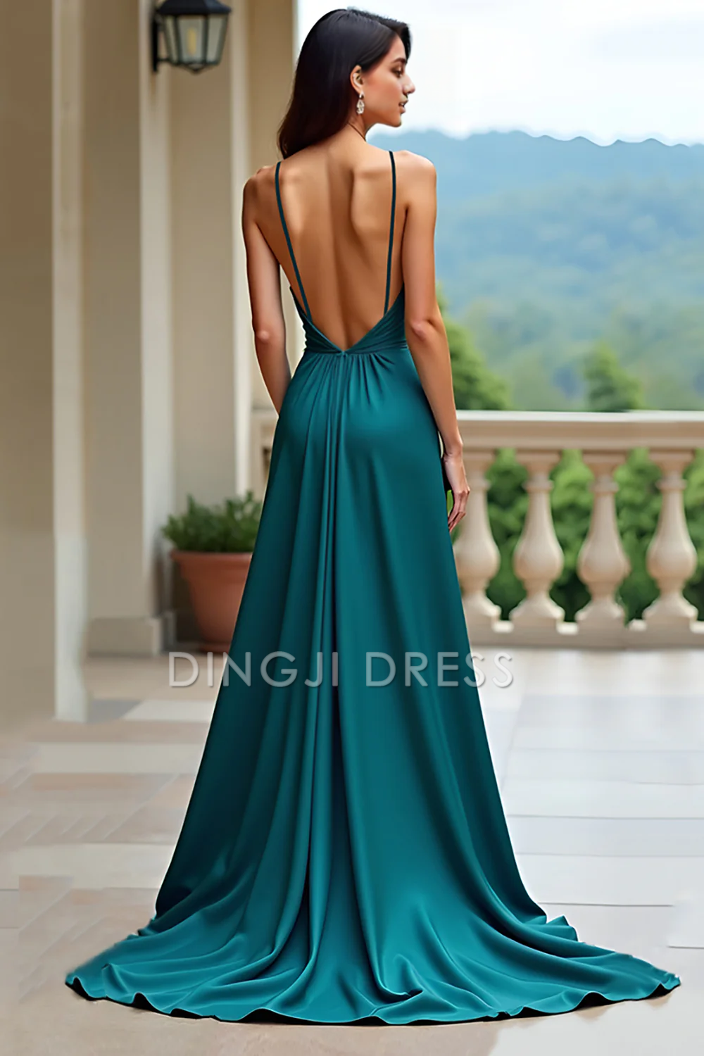 DingJiDress High Quality Dress Elegant A Line V-Neck Spaghetti Strap Backless Long With Slit Prom Dress