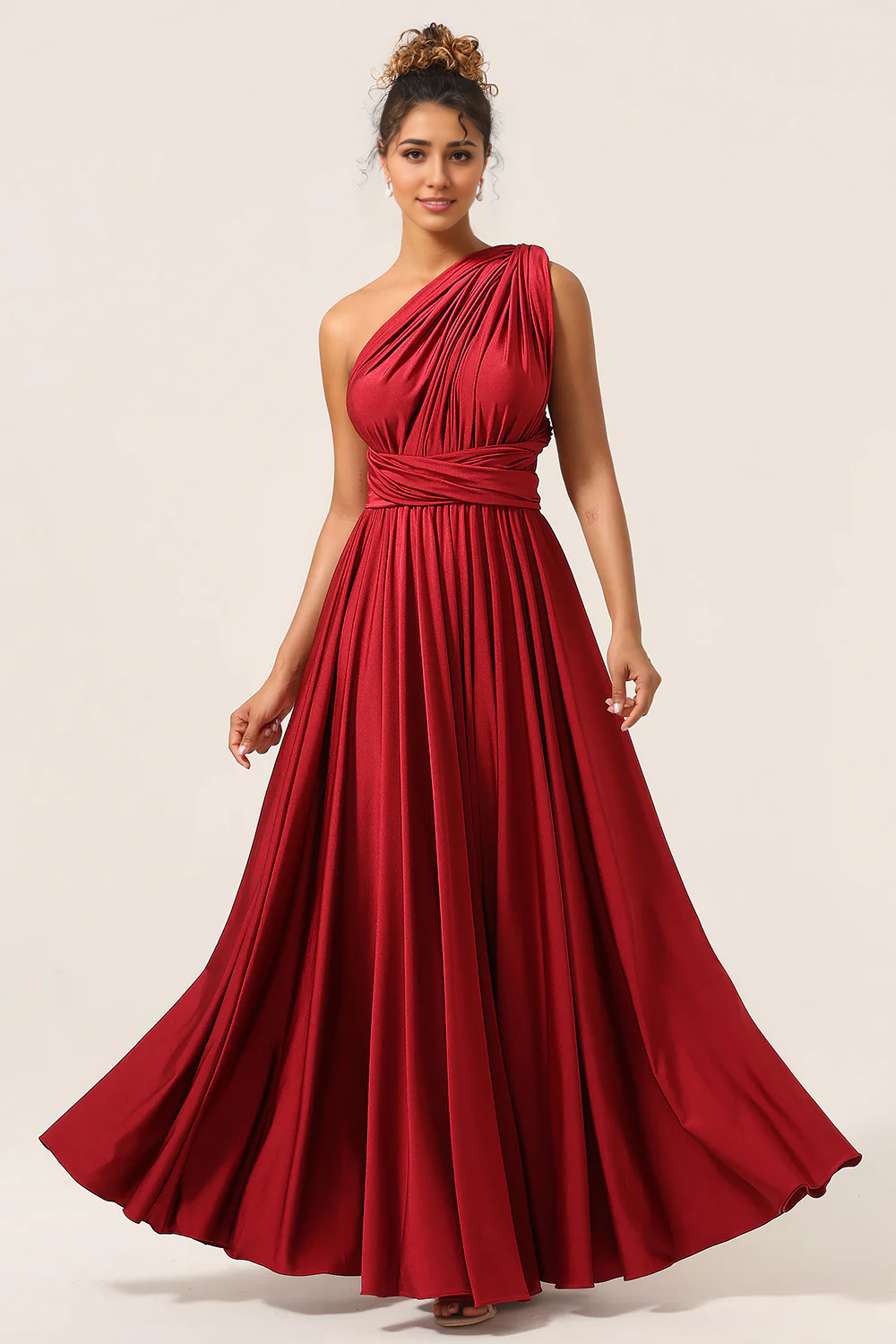 DingJiDress Burgundy A-Line Long Bridesmaid Dress Convertible Ruched Prom Dresses