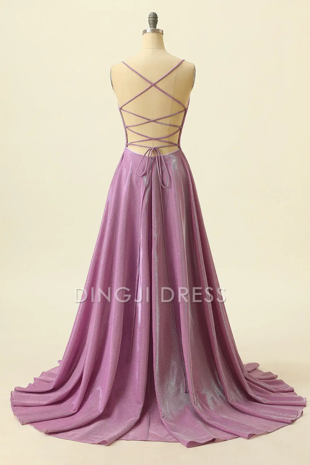 DingJiDress High Quality Dress Fashion A Line Deep V-Neck Sparkly Lace up Backless Prom Dress