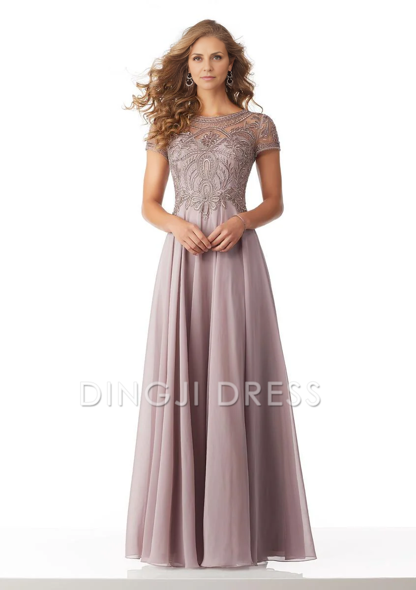 DingJiDress Evening Dress Exquisite A Line Cap Sleeve Illusion Neckline Retro Long Mother Of The Bride Dress