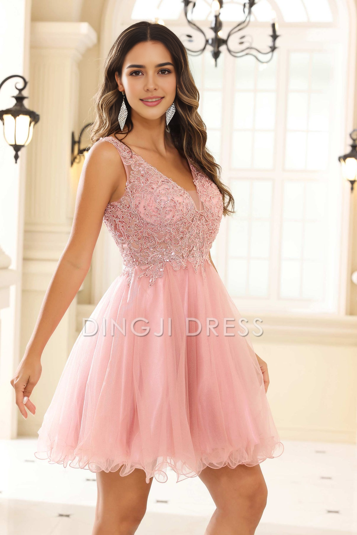 DingJiDress Hot Sale Homecoming Dress Exquisite A-Line V-Neck Sleeveless Ruched Tulle Sexy Mini Dress