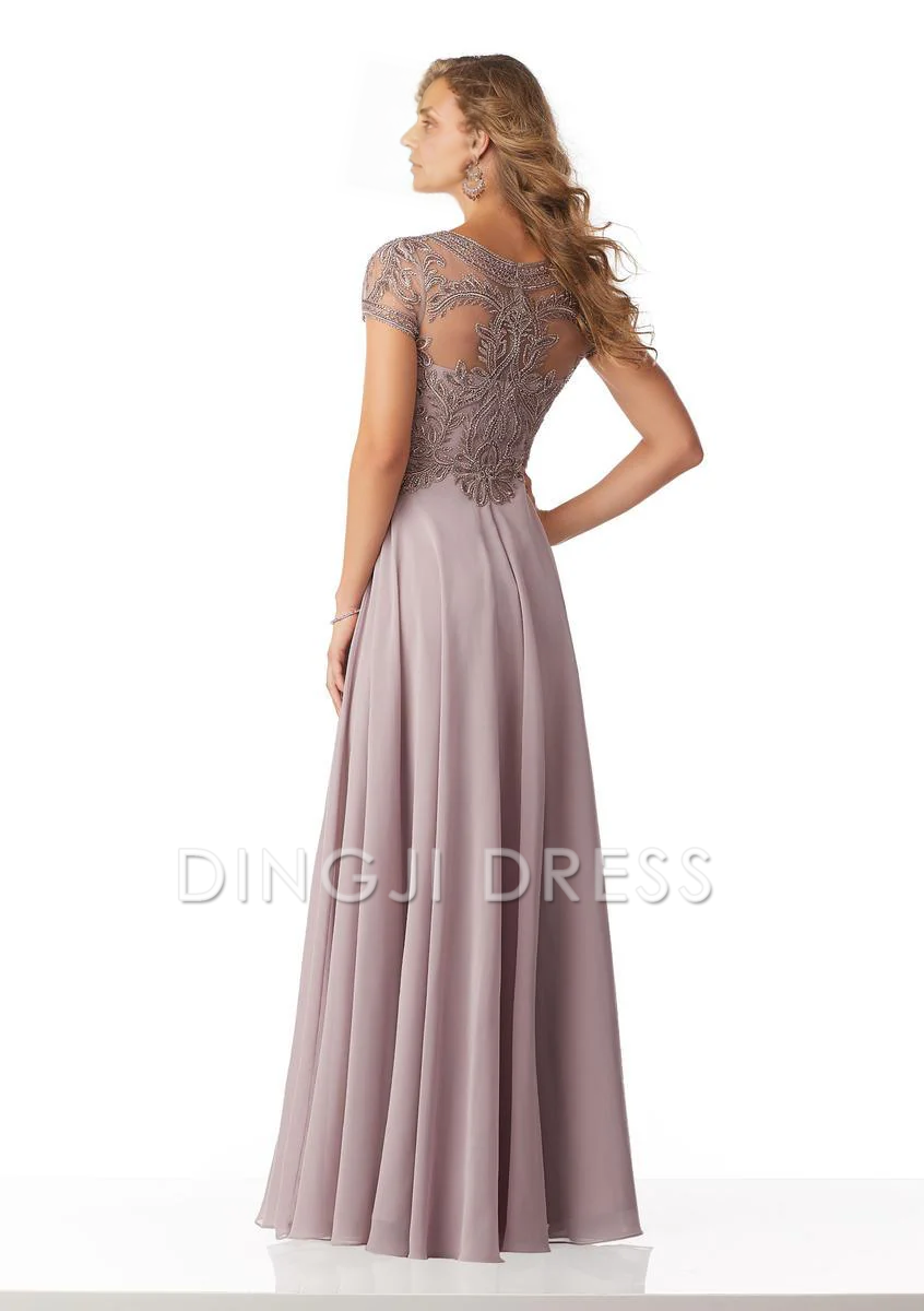 DingJiDress Evening Dress Exquisite A Line Cap Sleeve Illusion Neckline Retro Long Mother Of The Bride Dress