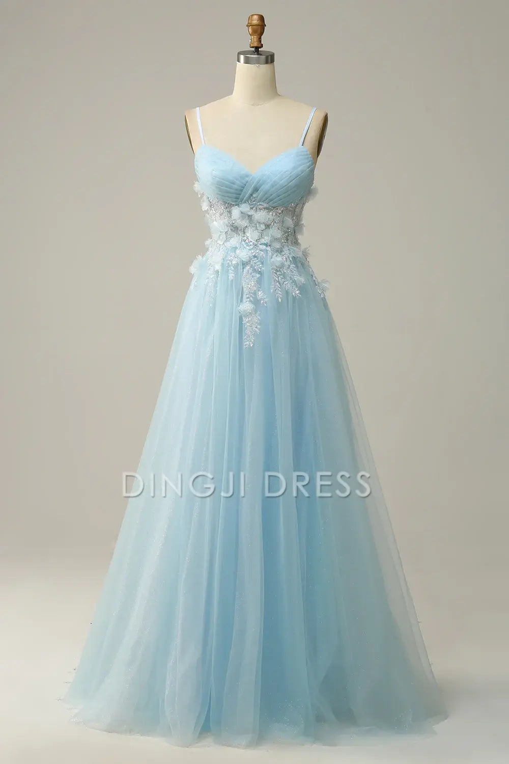 DingJiDress High Quality Dress Evening Dress Elegant A Line V Neck Pleated Spaghetti Straps flower Tulle Fantastic Long Prom Dress