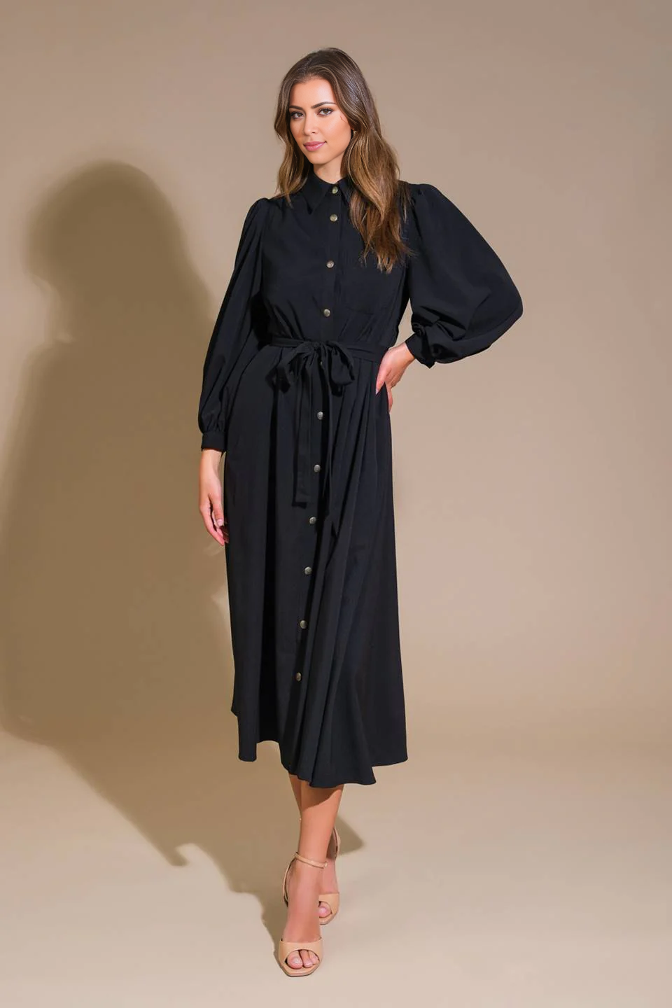 DingJiDress November December Wedding Guest Dress Solid Woven Midi Dress Featuring Shirt Collar Long Sleeve Button Down Side Pockets Self Sash Tie Formal Party Dress