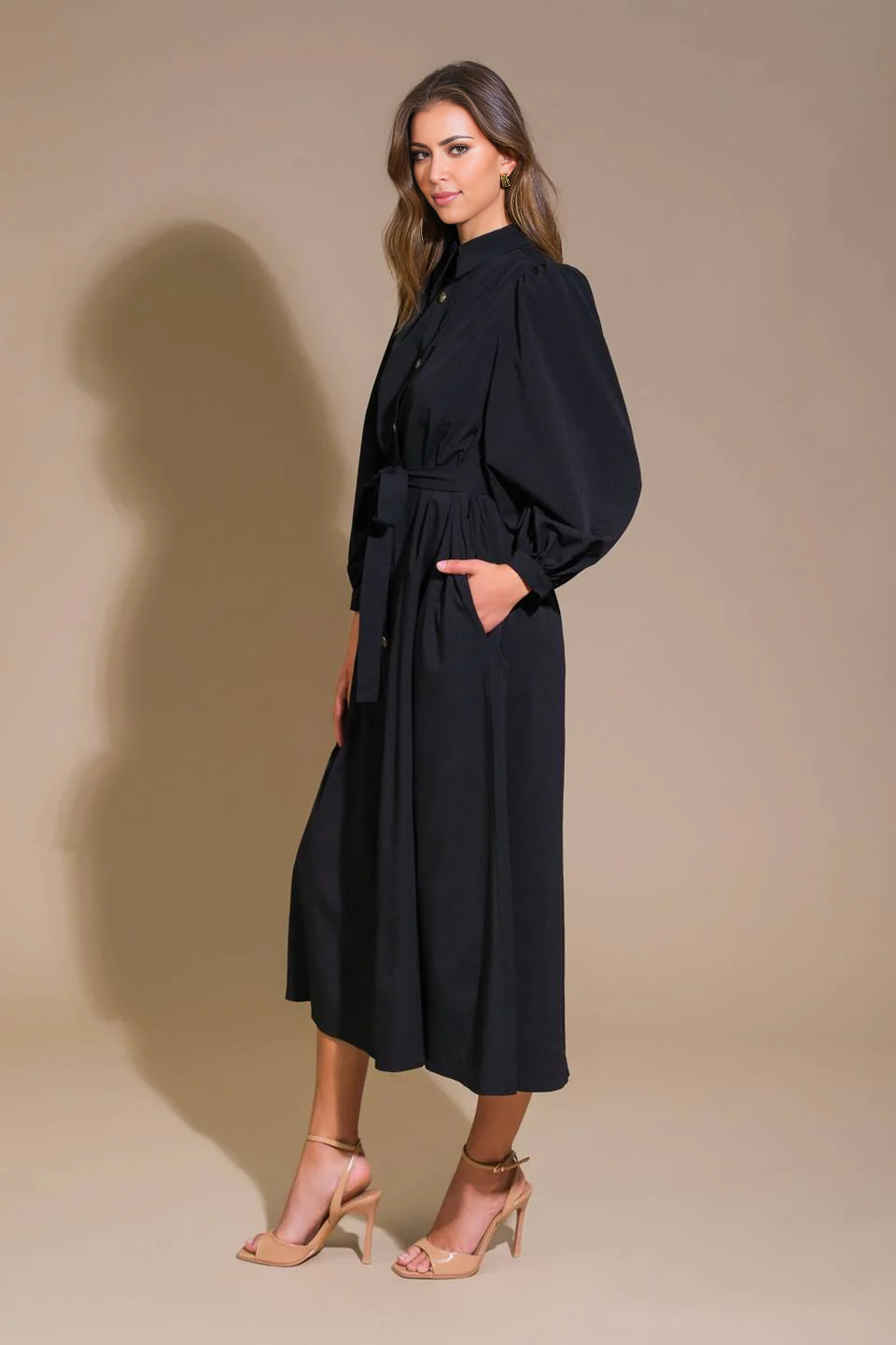 DingJiDress November December Wedding Guest Dress Solid Woven Midi Dress Featuring Shirt Collar Long Sleeve Button Down Side Pockets Self Sash Tie Formal Party Dress