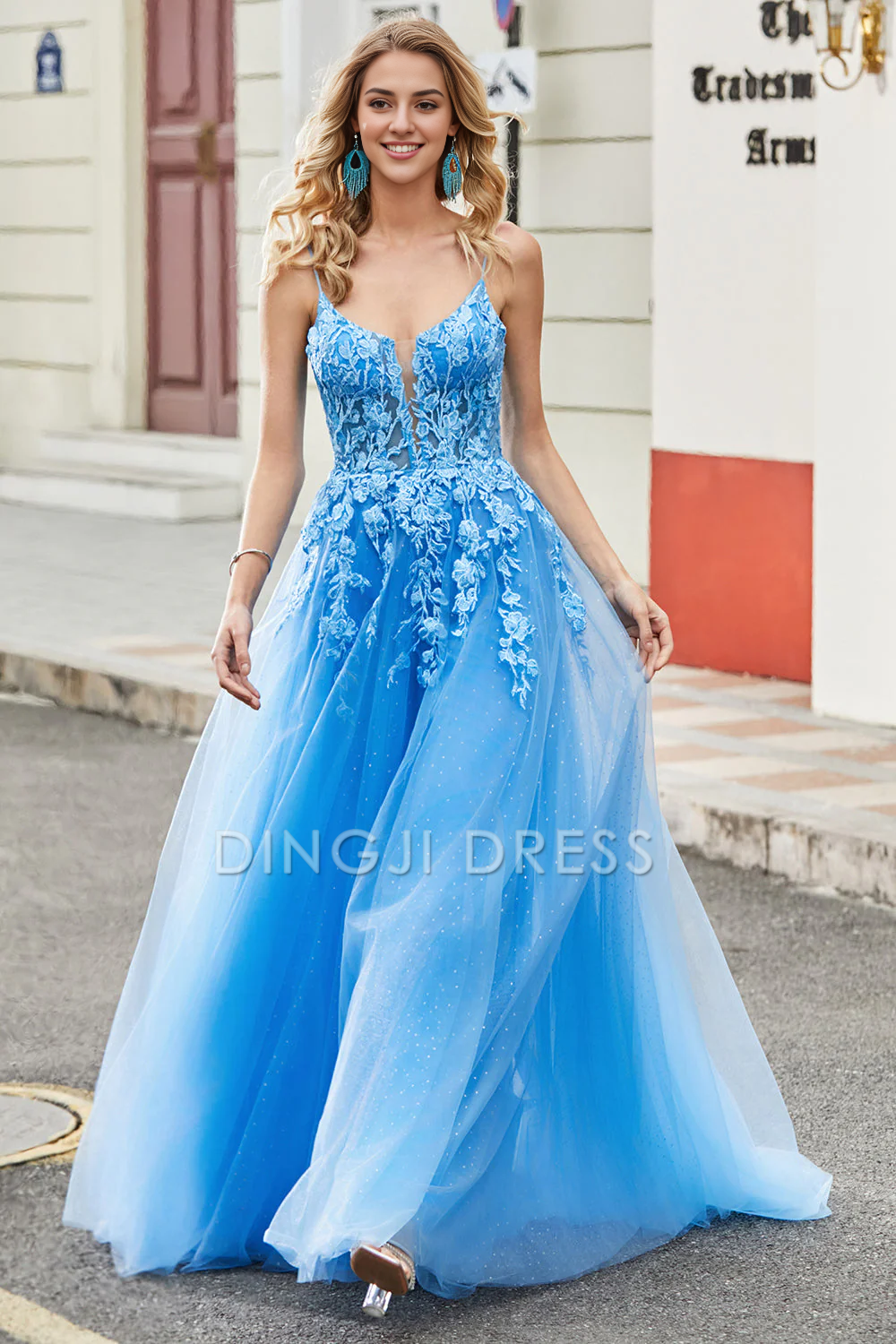DingJiDress High Quality Dress Evening Dress Gorgeous A Line Spaghetti Straps Lace Appliques Backless Fantastic Long Prom Dress