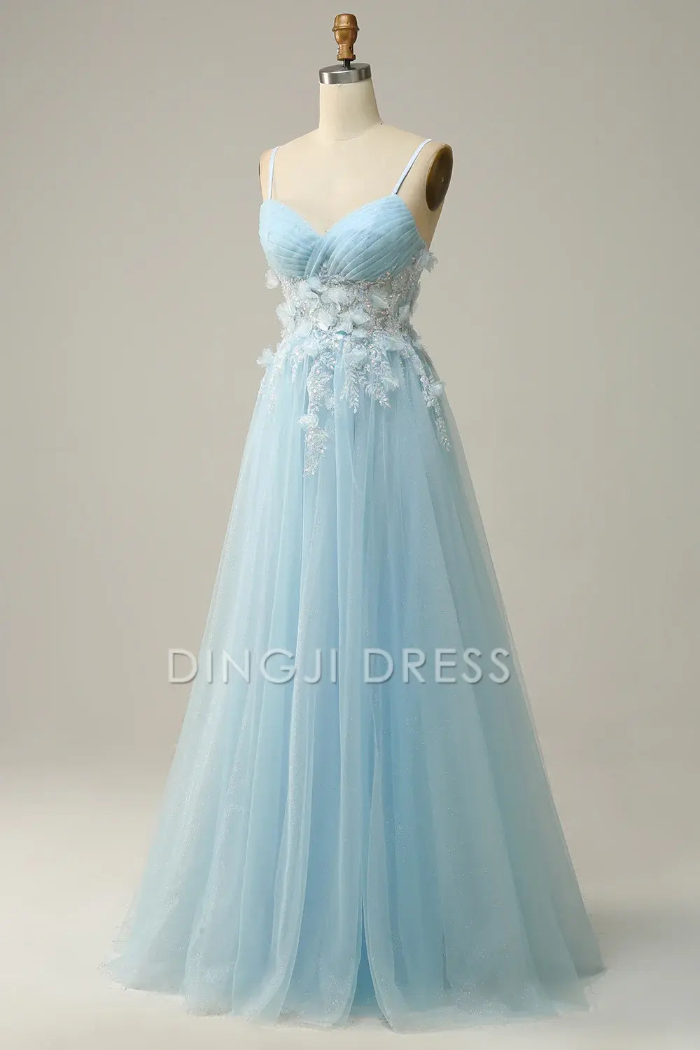 DingJiDress High Quality Dress Evening Dress Elegant A Line V Neck Pleated Spaghetti Straps flower Tulle Fantastic Long Prom Dress