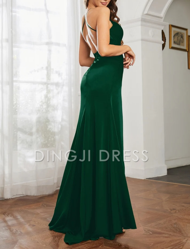 DingJiDress Evening Dress Charming Sheath Spaghetti Straps High Slit Cowl Neck Crossed Straps Side Fork Simple Formal Dress