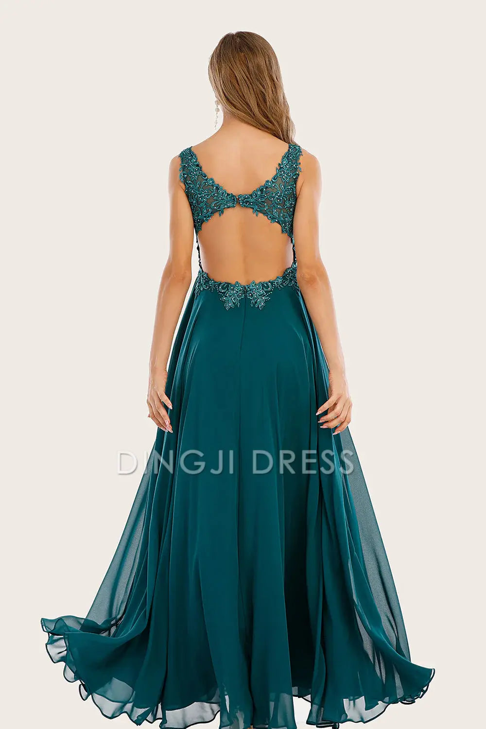 DingJiDress High Quality Dress Elegant Chiffon A Line V Neck Backless Side Fork Long Prom Dress