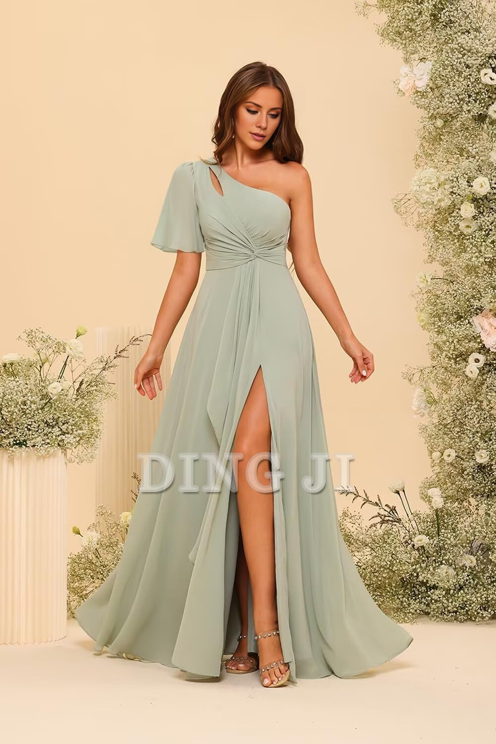 DingJiDress Bridesmaid Dresses Single Sleeve Short Sleeves Chiffon Side Fork Pleated Elegant Formal Wear Dresses