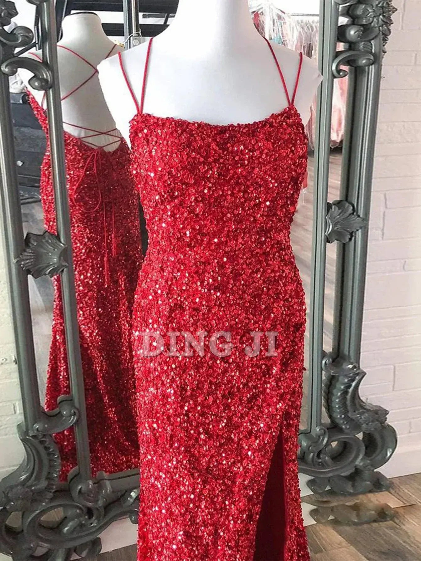 DingJiDress Evening Dress Mermaid Spaghetti Straps Long Sequins Backless Prom Dress Side Fork Fashion Formal Women's Dresses Wedding Guest Dresses