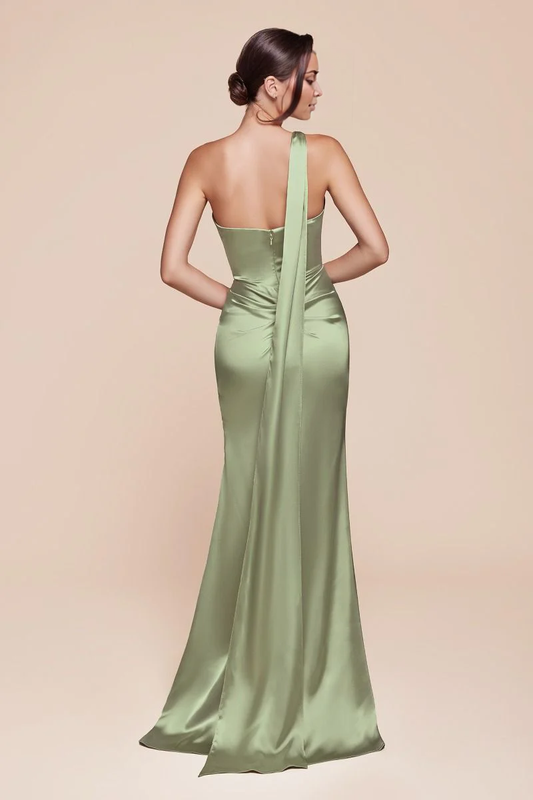 DingJiDress November December Wedding Guest Dress Fitted Luxe Satin Gown One Shoulder Halter Neckline Gathered Waistline Leg Slit Simple Formal Party Dress
