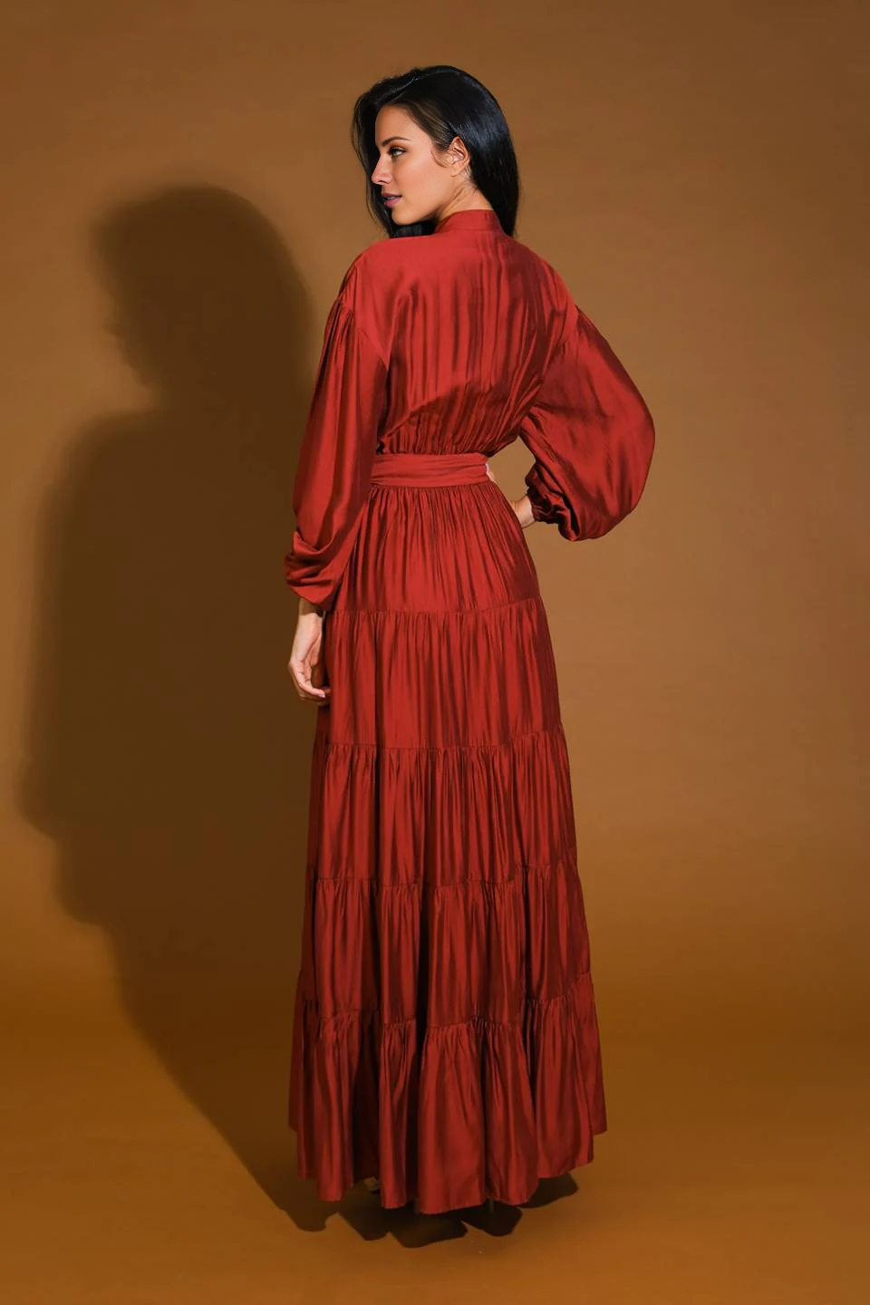 DingJiDress November December Wedding Guest Dress V Neckline Long Sleeve Button Down Elasticized Waist With Self Sash Tie Formal Party Dress