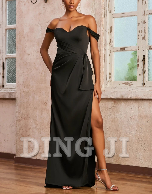 DingJiDress Evening Dress Off-the-Shoulder Cap Sleeves Ruched Backless Side Fork Sexy Charming Wedding Guest Dresses